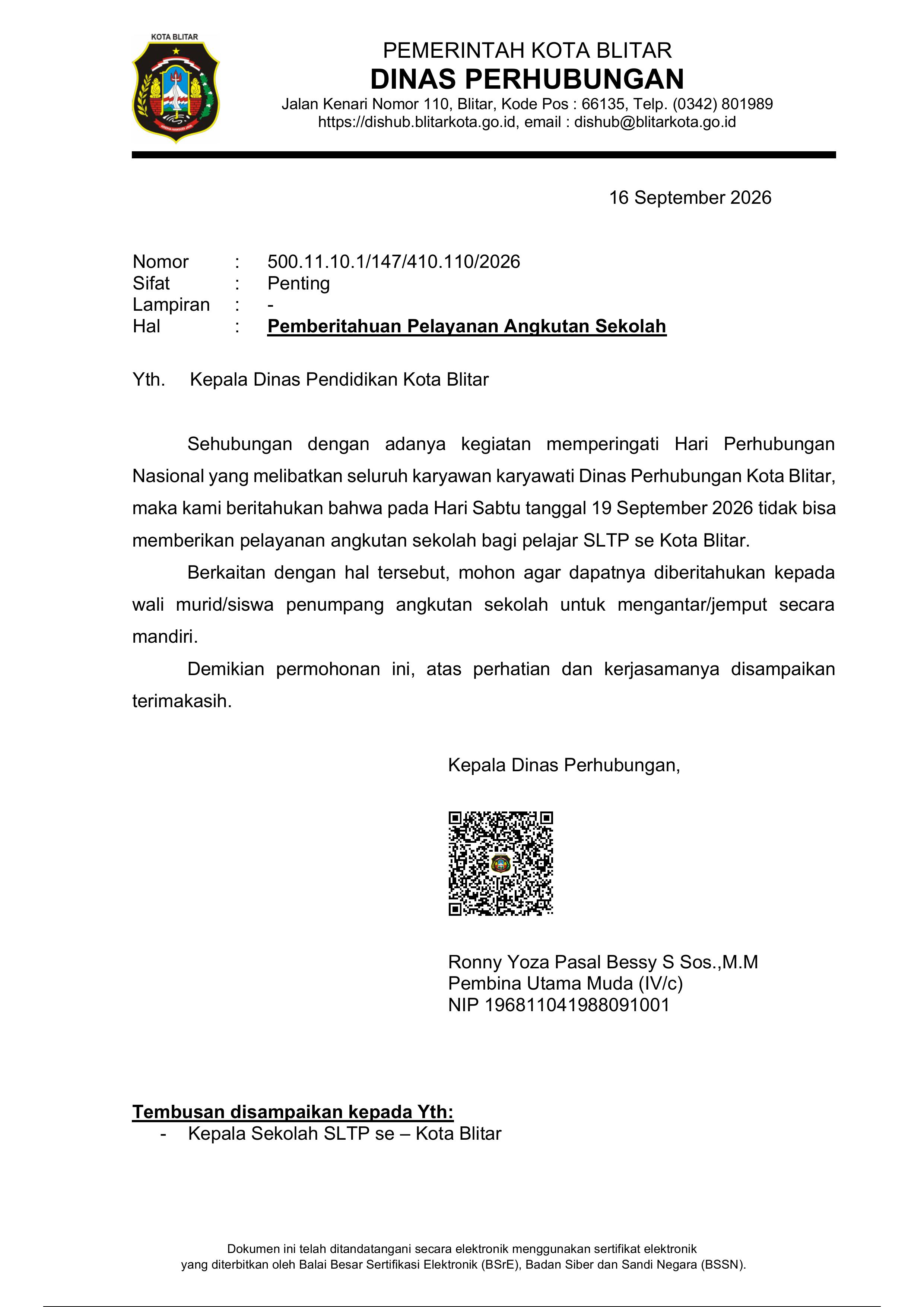 Sabtu, 19 September 2026 Bus Sekolah Libur Pelayanan